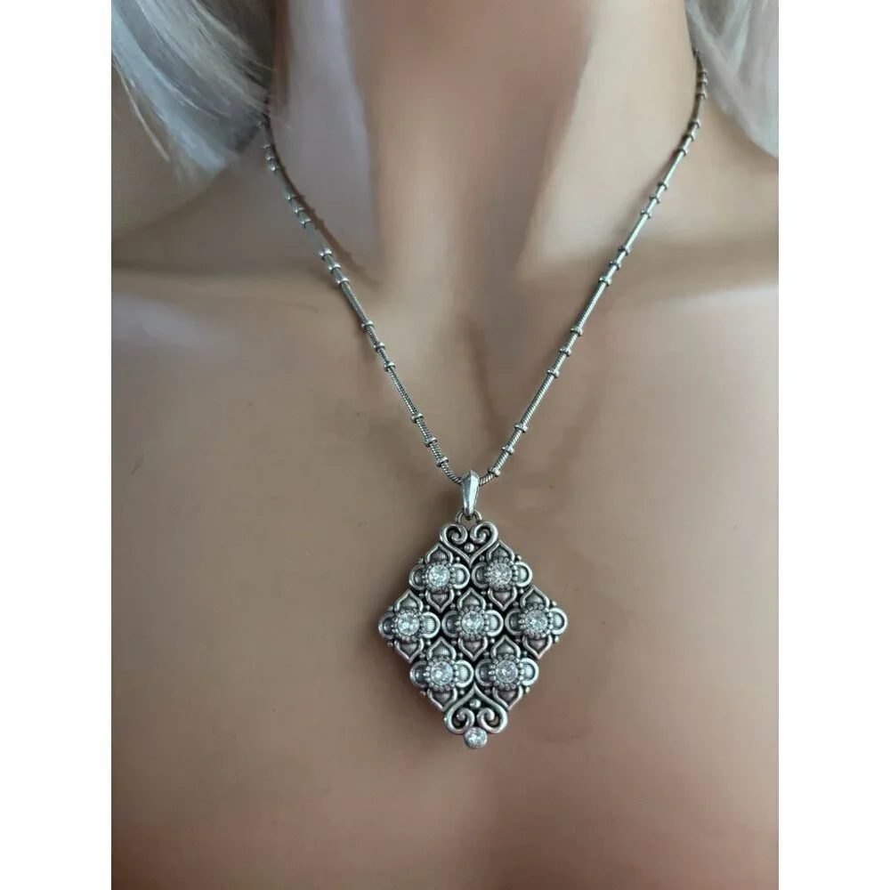 Brighton Fleur de Lis Necklace Silver Tone Swarovski Crystals Fashion/Costume